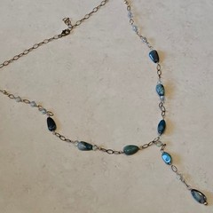 Teal Blue Stone Lariat Y-Necklace Antique Brass Wire Wrapped Beaded Boho
