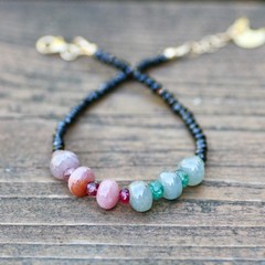 Handmade Natural Black Spinel , Emerald Sapphire Bracelet 14K Gold Filled 7.15″