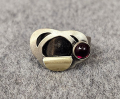 Christophe Poly Silver Tone Modernist Artisan Red Cabochon Ring, US Size 5.5