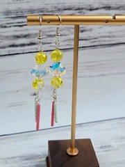 Yellow, Pink, and Blue Glass Dangle Earrings Silver Tone Handmade