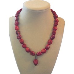 Vintage Barse Chunky Red Bamboo Coral Double Strand Necklace and Earrings Set