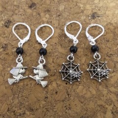 2 Pairs of Alloy Lever Back Earrings, Witch on Broom & Spider in Web (E30)