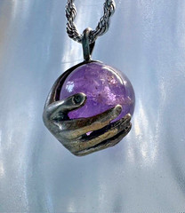 Sterling Silver hand holding Amethyst Cryatal ball Solitaire pendant by JKL 232