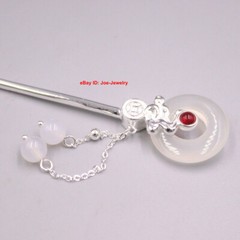 Solid 925 Sterling Silver Hairpin Natural White Chalcedony Chinese Hair Pin