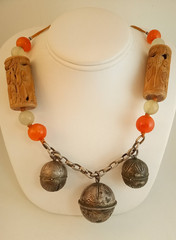 Artisan necklace silverplate bells carved wood beads Peking glass enameled clasp