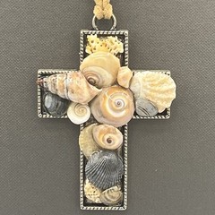 Artisan Shells on a Cross Pendant Silver tone Sunrise Service Religious Cord