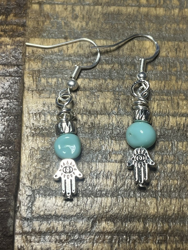 Hamsa tiny drop Earrings Handmade Approx. 1” sterling plated hooks wire wrapped