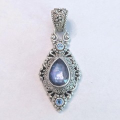 Sarda Sterling Silver 925 Ornate Blue Teardrop Artisan Filigree Pendant 12g