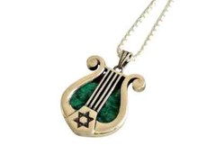 Eilat Stone 925 Sterling Silver Harp Pendant ,Eilat Stone Star Of David Pendant