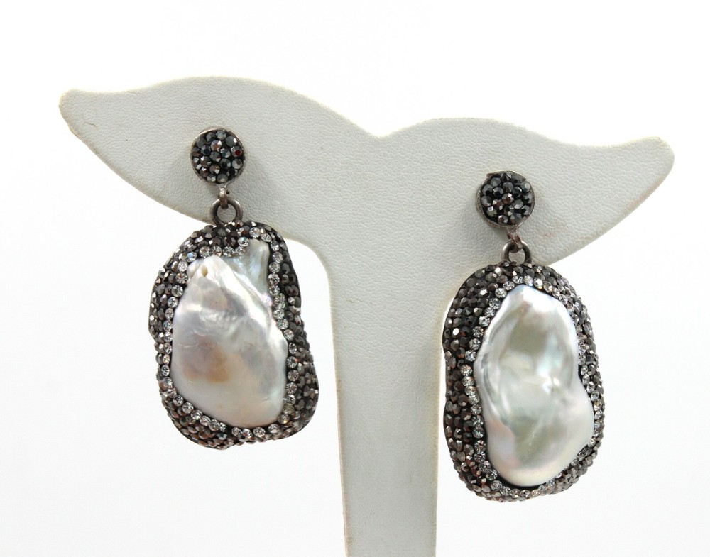 Sterling Silver Silver Pearl & Hematite Crystal Bead Drop 1 3/4″ Long Earrings