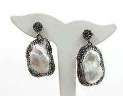 Sterling Silver Silver Pearl & Hematite Crystal Bead Drop 1 3/4″ Long Earrings