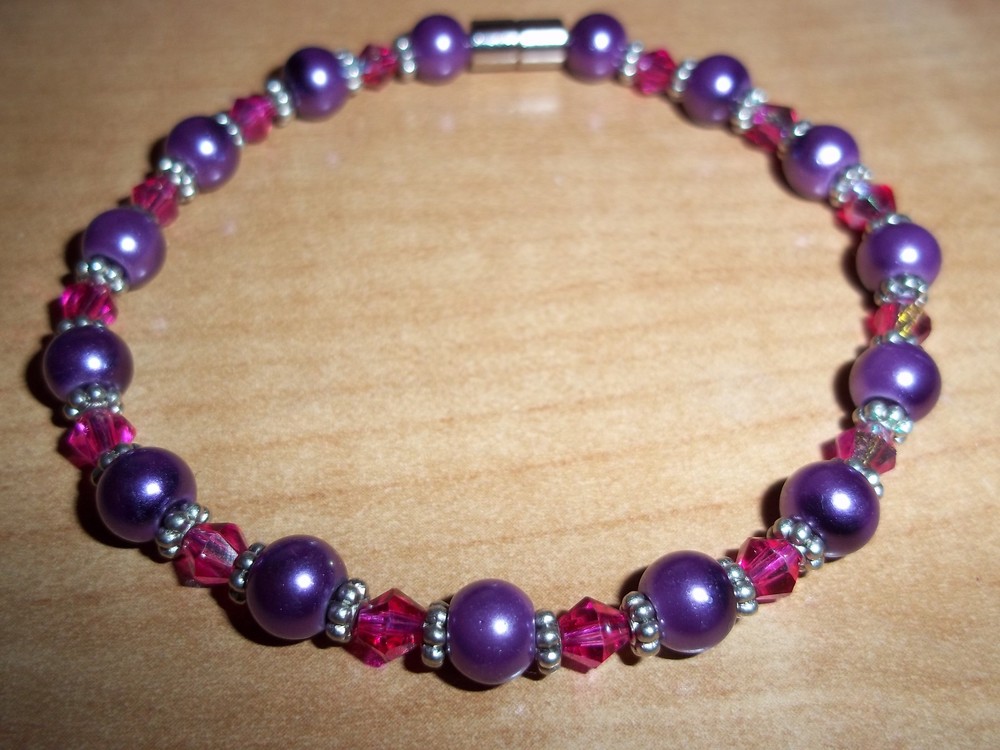 7.25 in PURPLE Pearl PINK Crystal Bracelet MAGNETIC Clasp A-39 Quality Jewelry
