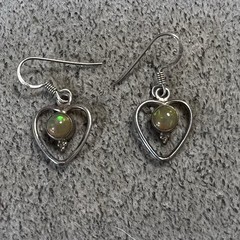 Artisan Made Ethiopian Opal Heart Shape Sterling Silver Dangle Drop Earrings