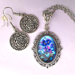 VIOLET FLOWER PENDANT embossed FLOWER earrings SET GIFT BOX silver plate #FS55