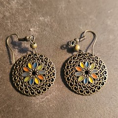 Handcrafted Bronze Bohemian Round Flower Dangle Earrings Multicolor Enamel
