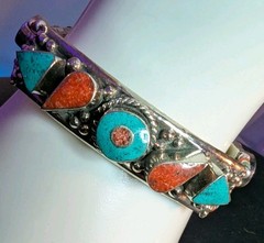 Silver Beaded Stone Bracelet Turquoise Coral for Unisex Adults Silver Plated 7″