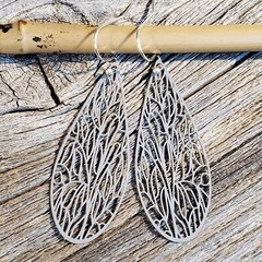 Art Nouveau Lacy Stormy Gray Filigree Slim Teardrop Enamel Pendant Earrings