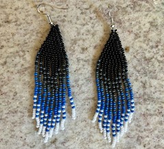 New Handmade Beaded Fringe Earrings, 2 Pairs, Red/Silver, Blue/Black/White