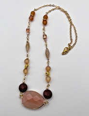 24″ Peach Pink Aventurine Sunstone and Crystal Necklace Gold Tone Lobster Clasp