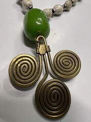 Green, Cream And Black Bead Bronze Color Medallion Pendant 22” Necklace