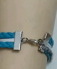 ANGEL ADJUSTABLE LEATHER BRACELET – WHITE & TEAL HANDMADE -6 1/2″-8 1/2″- #286