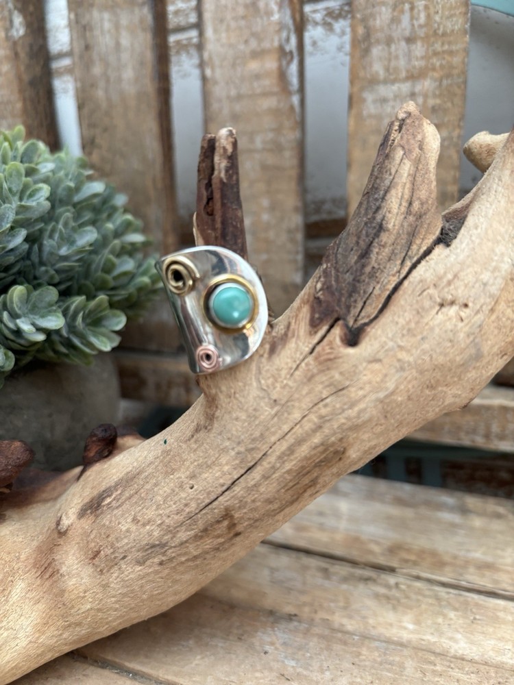 Sterling Silver , Brass, Copper And Turquoise BOHO Ring Sz6-8 NEW