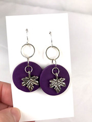 Handmade Purple Clay Leaf Hoop Earring, Silver Plated Hooks
