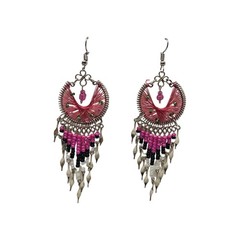 Handmade Large Beaded Thread Moon Shaped Earrings With Long Beaded Dangles