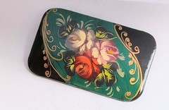 4 Lacquer Russian Pins Brooch Handmade Signed Painted Floral Flowers