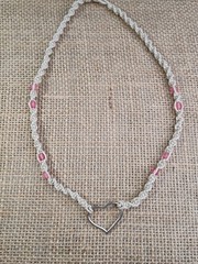 New Natural Hemp Necklace W/ Heart Charm and Pink Beads 19 – 20 in Twist Macrame