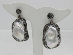 Sterling Silver Silver Pearl & Hematite Crystal Bead Drop 1 3/4″ Long Earrings