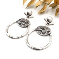 Lightweight Boho Bohemian Silver Hoop Dangle Textured Circle Stud Earrings