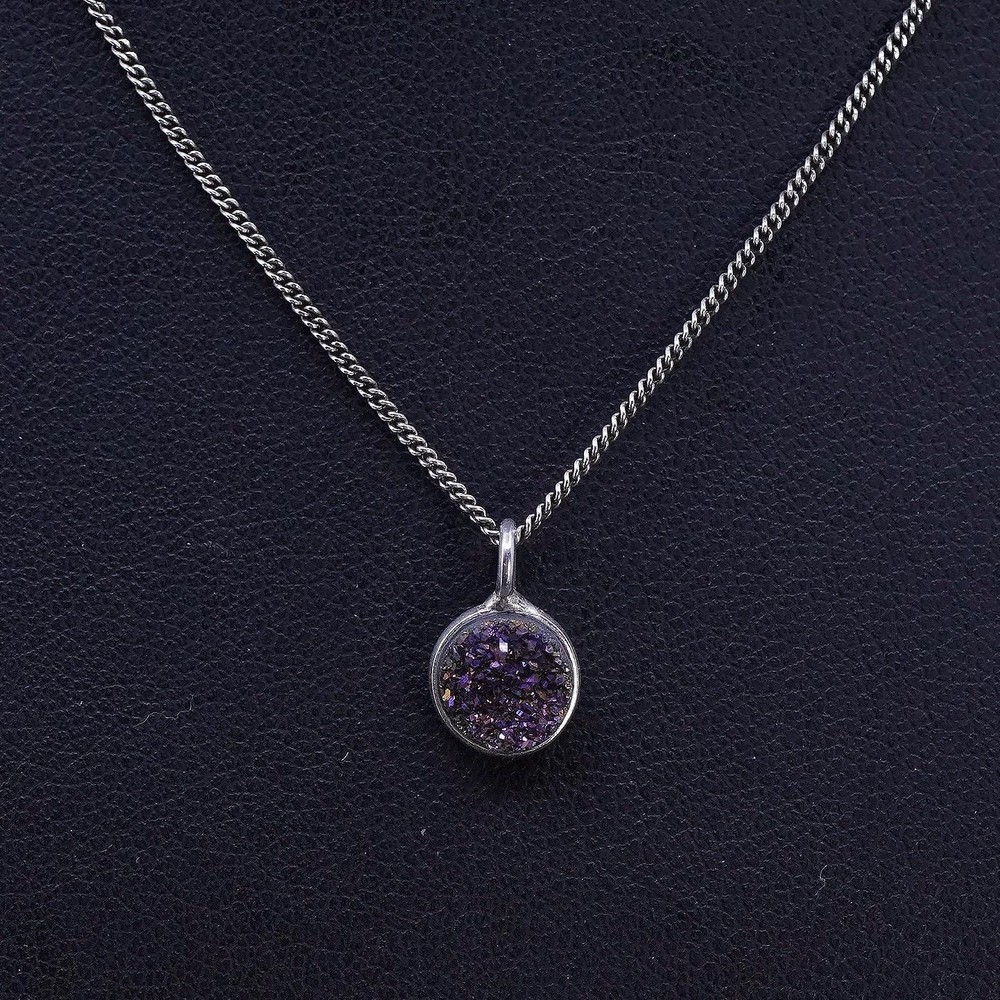 16” sterling silver 925 curb chain necklace with purple druzy crystal pendant
