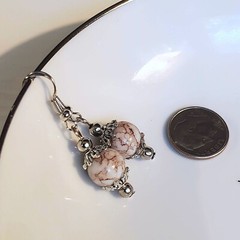 Art Nouveau Mottled White Brown Glass Beads Antiqued Silver Earrings