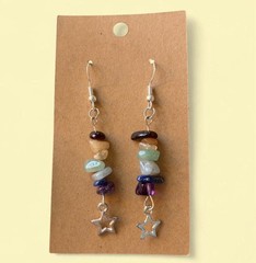 handmade pair of Rainbow chakra crystal chip earrings with silver star charms