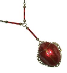 RED SCARAB BEETLE NECKLACE Egyptian Revival Pendant Long Life Symbol Czech Glass