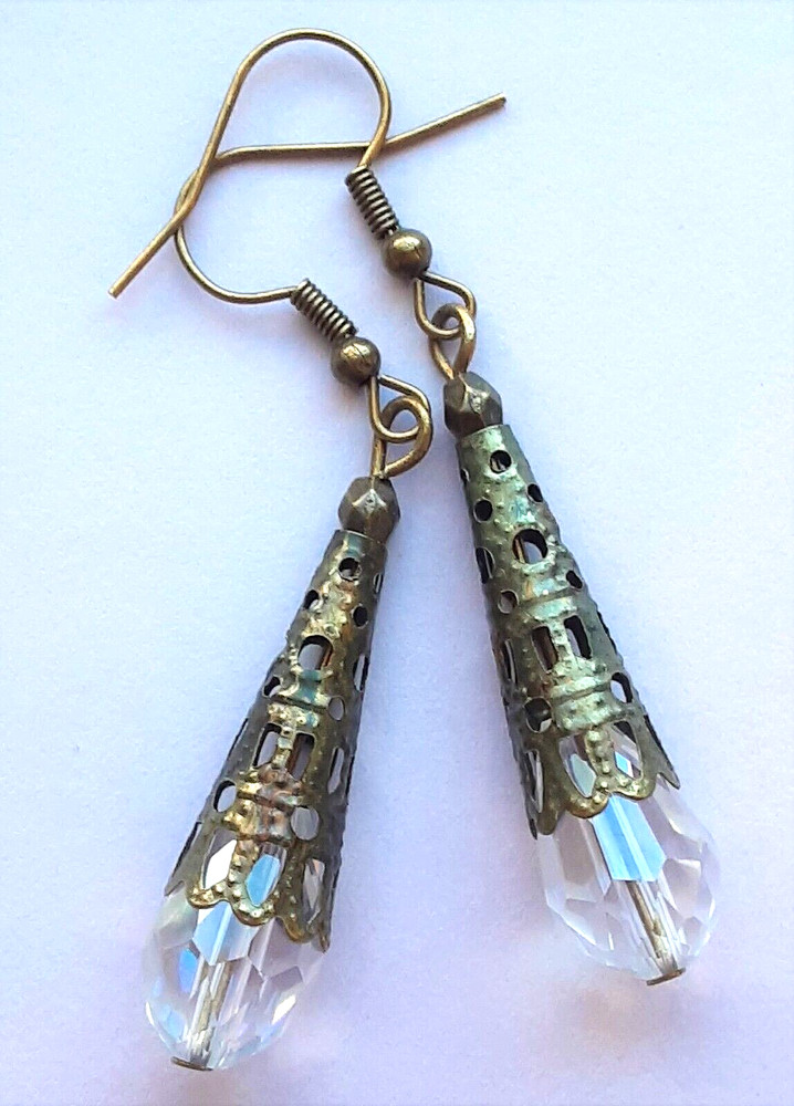 CLEAR FACETED CRYSTAL teardrop earring BRONZE FILIGREE handcrafted XBAA