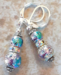 RAINBOW FOIL LAVA ROCK & Rhinestone drop earring artisan SP leverback XGE