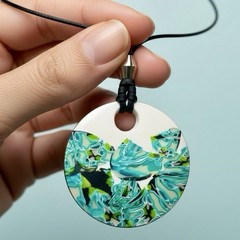 Handmade Large White, Blue & Green Polymer Clay Pendant Necklace w Silicone Cord