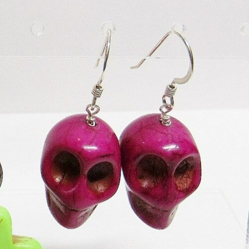 Halloween Skull Purple Charm Pierced Earrings Sterling Silver .925 Hooks