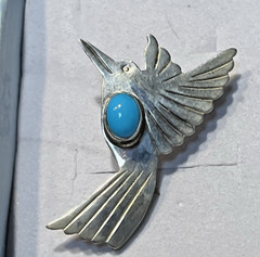 Vintage Sterling Silver 925 R A Begay Hummingbird & Oval Turquoise Stone Brooch