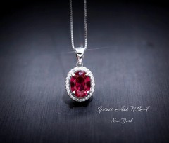 Gemstone Halo Ruby Necklace 2 CT Oval Solitaire Red Ruby Pendant Sterling
