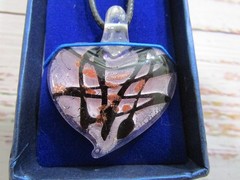 New Murano Hand Blown Pink Black Heart Glass Pendant Necklace Faux Leather Cord