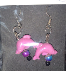 Handcrafted Pink Dolphin Dangle Hook Earrings Silver Purple Blue Beaded Plastic