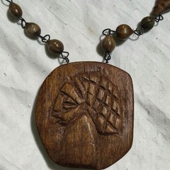 Vintage Hand Carved Wood & Seed Bead Necklace Folk Art Boho Statement 26″