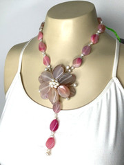 Pink Agate Flower Pendant Freshwater Pearl Necklace Handmade Statement 795