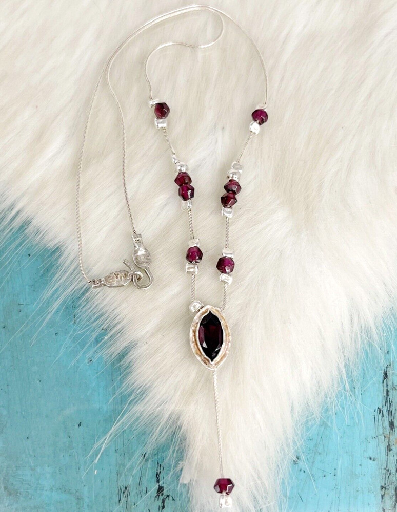 Sterling Silver Garnet Y Lariat Gemstone Pendant Necklace 17″ Signed N & E