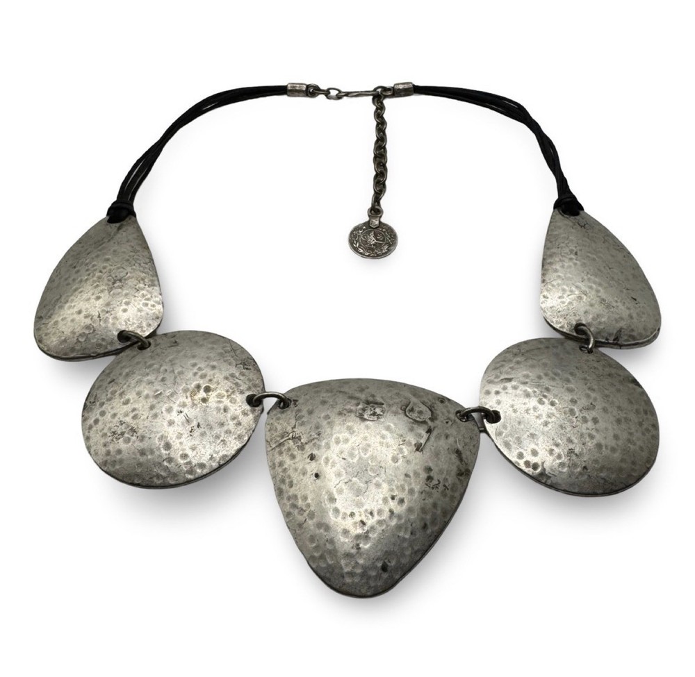 Chunky Unique Hammered Silver Metal Pewter Statement Necklace Artisan Turkish
