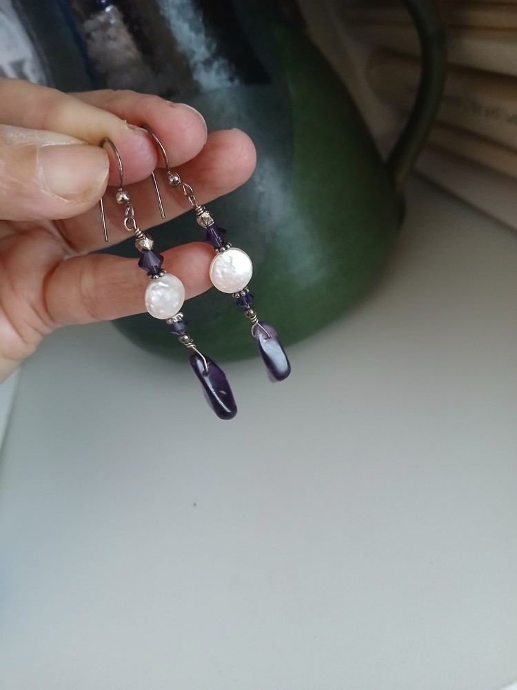 Vintage artisan coin pearl amethyst crystal sterling silver 2.5 inch earrings