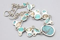 Statement Jewelry 925 Silver Bib Necklace With Turquoise And Abalone Paua Shell